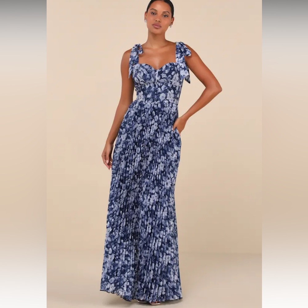 Lulu’s Navy Blue Floral Bustier Tie-Strap Maxi Dress